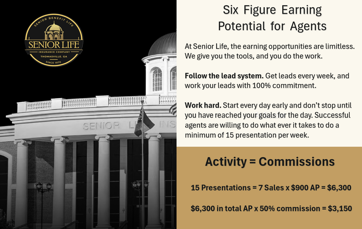 Black-and-white building with gold logo beside text ad for a six-figure earning potential and commissions.