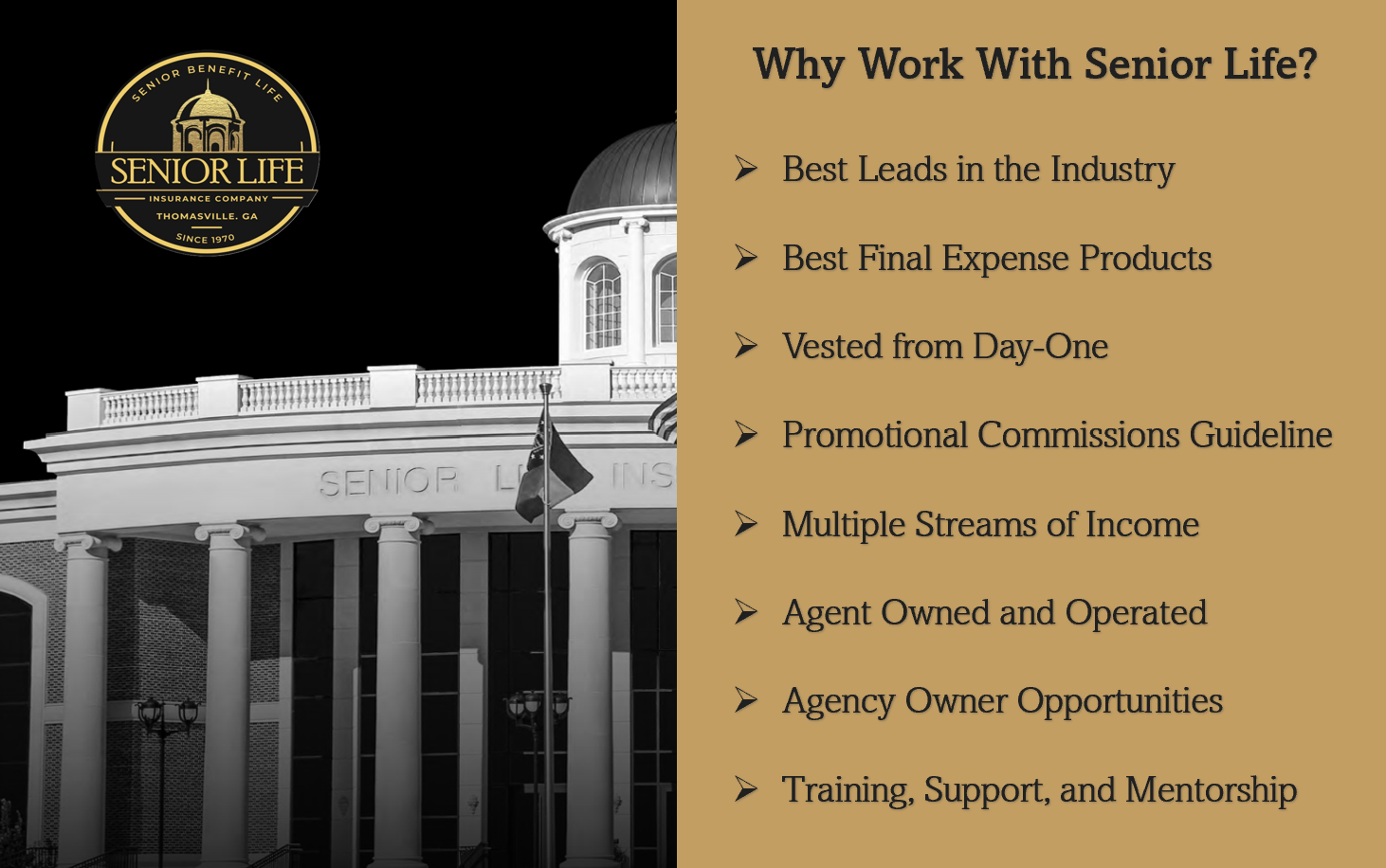 Senior Life ad with building image and bullets on benefits: best leads, commissions, training, support, and opportunities