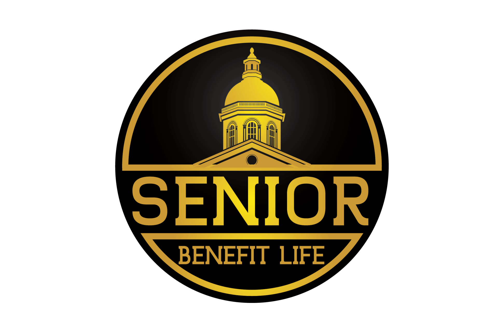 Senior Benefit Life logo with gold capitol dome and text on black circular background