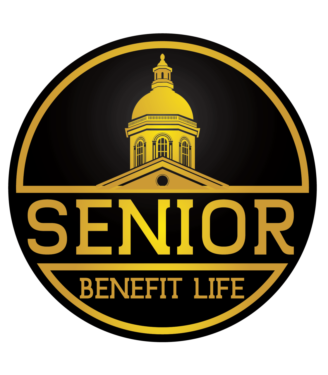 Senior Benefit Life logo in black and gold with a dome building icon and bold text