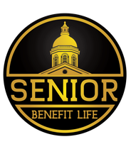 Senior Benefit Life logo in black and gold with a dome building icon and bold text