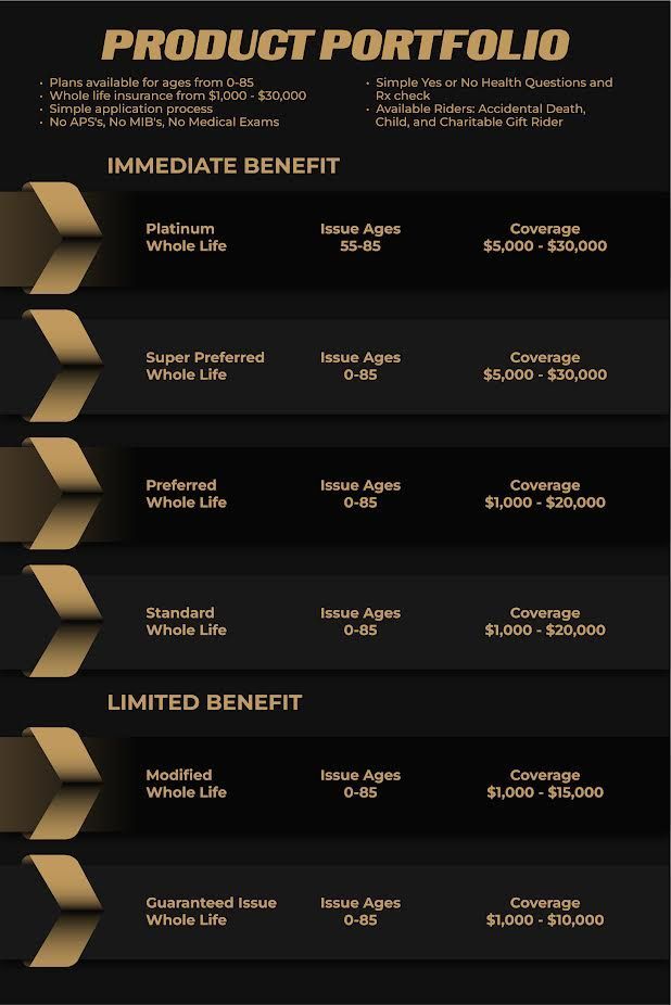 Dark product portfolio infographic with immediate and limited benefit plans in gold on black background