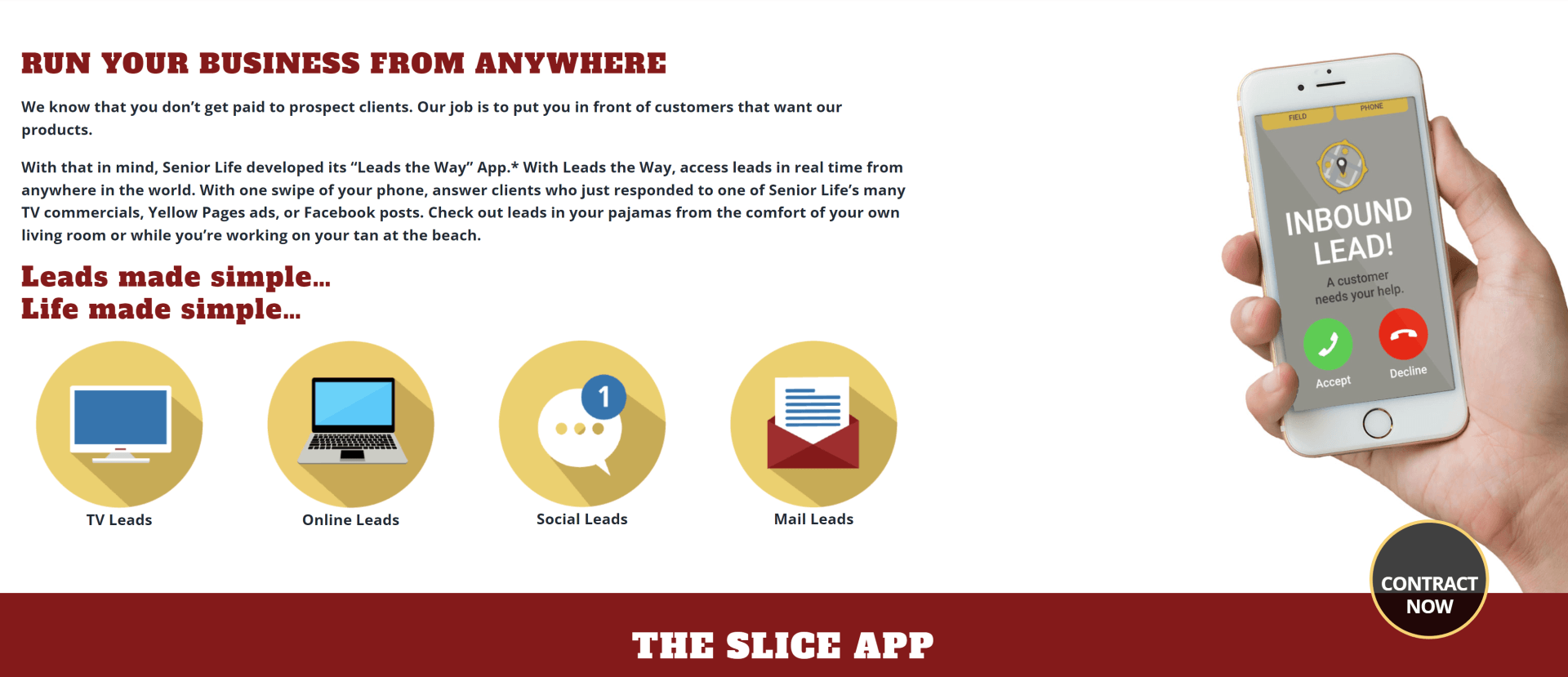 Marketing banner for a mobile app and website: phone, laptop, clock, and email icons on white and red background
