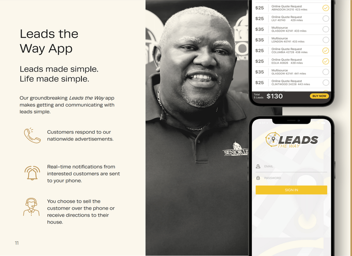Promotional graphic for the Leads app showing a phone mockup and a smiling man on a dark background
