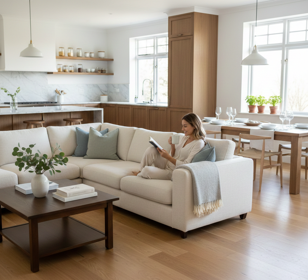 Woman relaxing in a clean living room