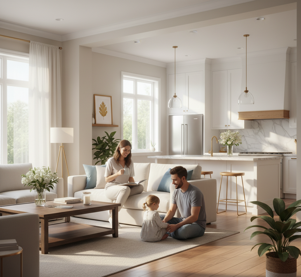 Happy family in clean living room