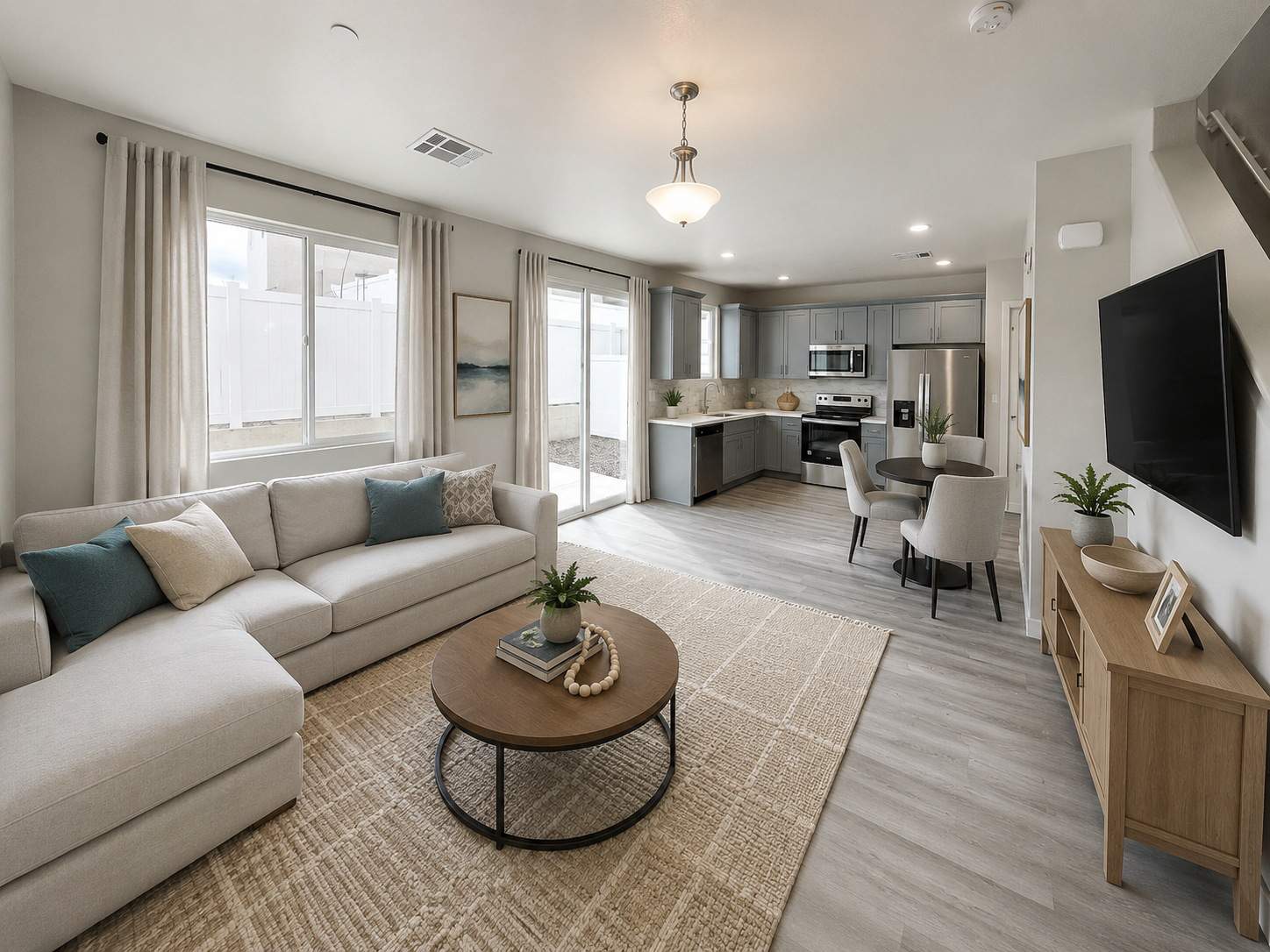 Furnished apartment living area shown — representative home at Stone View on Central.