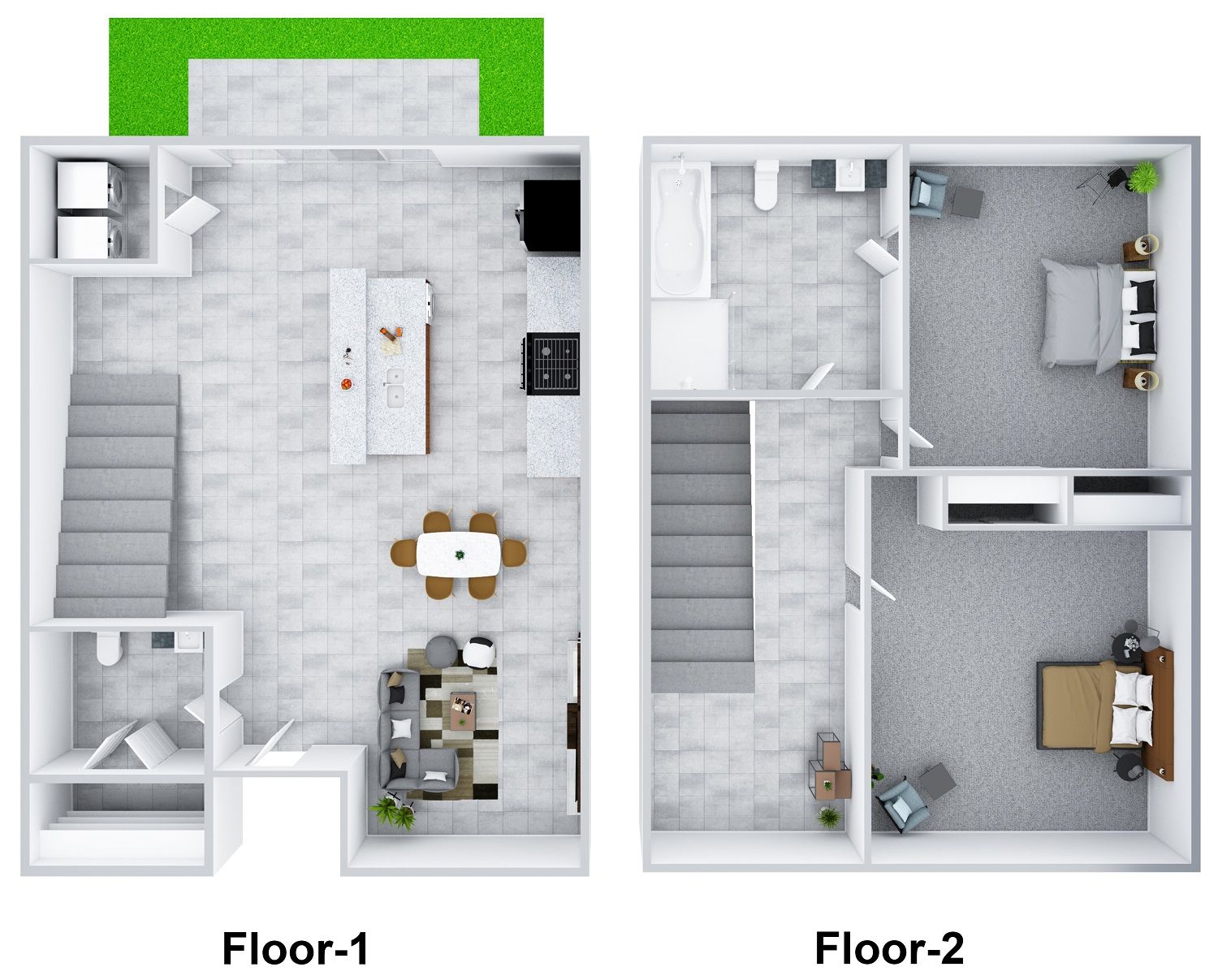 Two-floor house floor plan with furnished rooms and stairs, shown as Floor-1 and Floor-2.