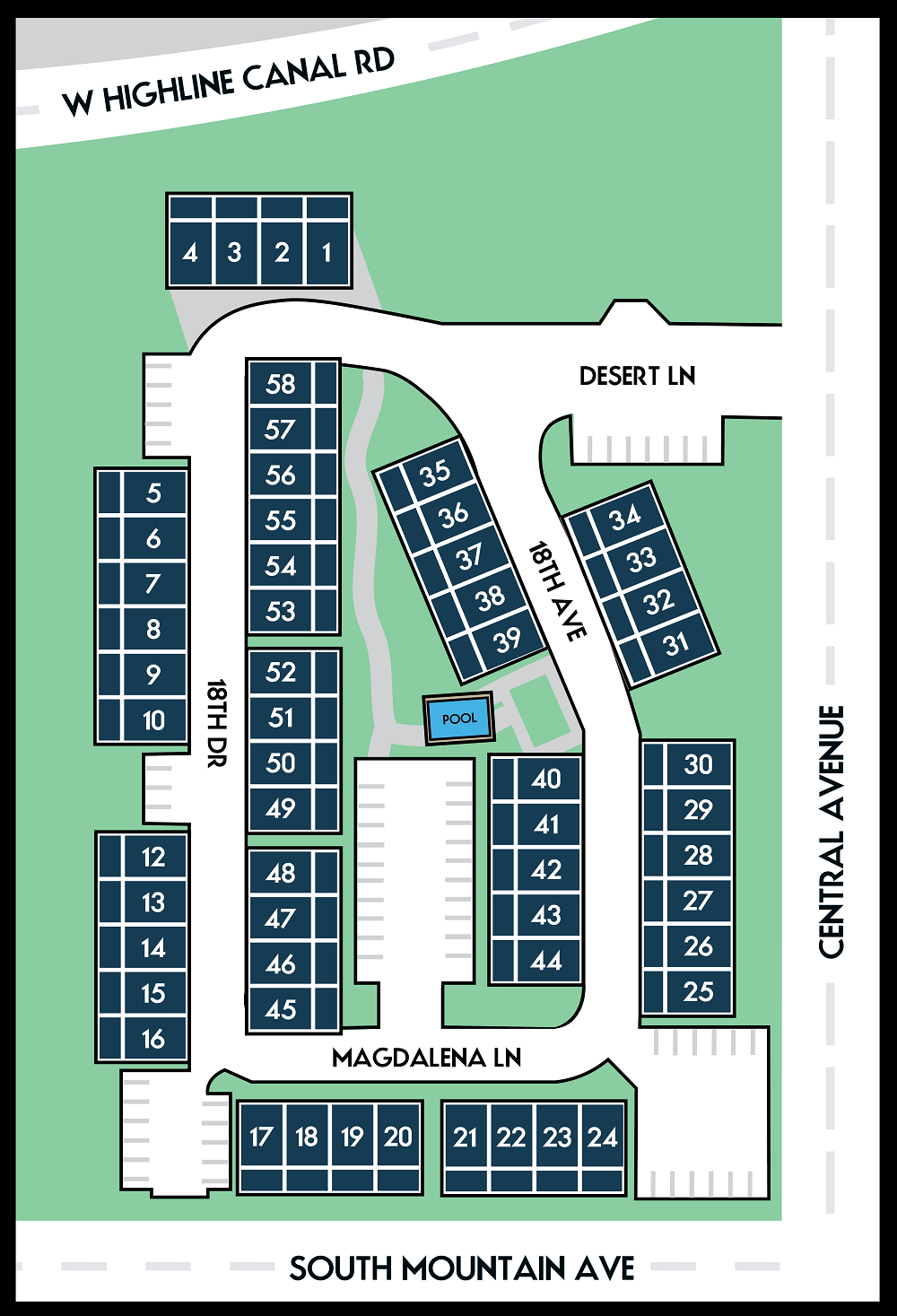Parking lot map with numbered blue parking spaces around a white center building and labeled streets.