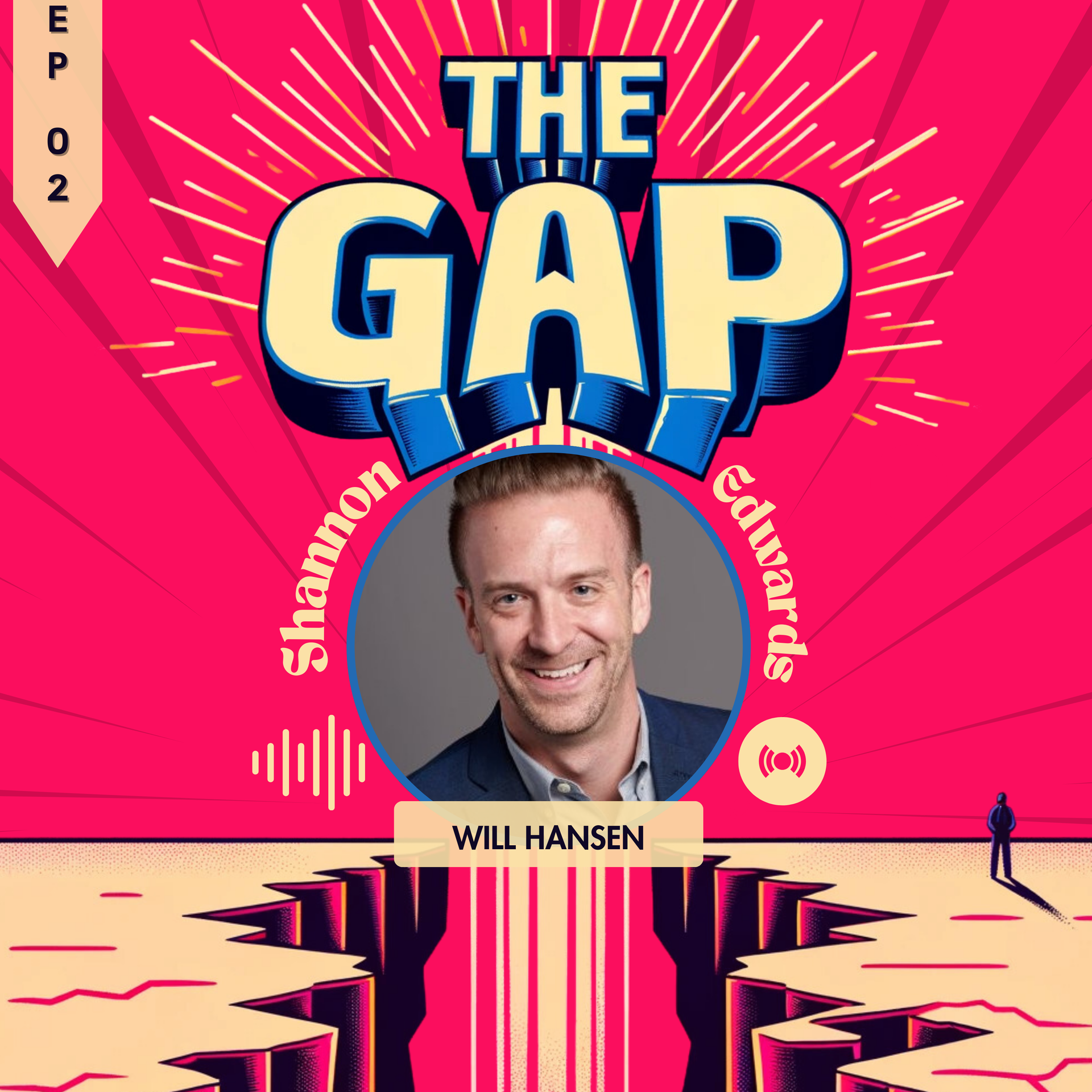 Podcast cover for “The Gap” with a smiling host centered on a bright pink background and bold blue title text.