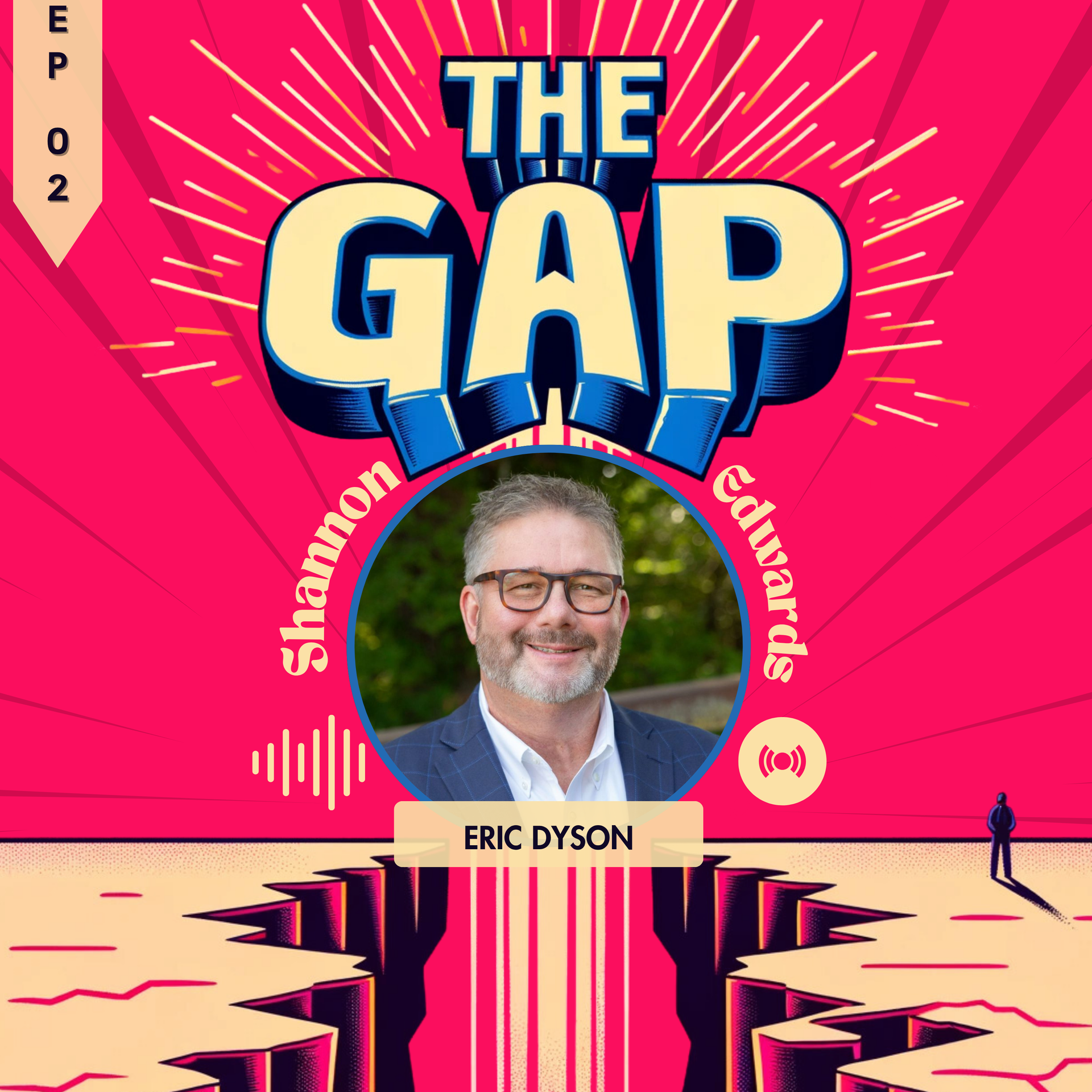 Podcast cover for “The Gap” with bright pink background, bold blue title, and smiling portrait of Eric Dyson.
