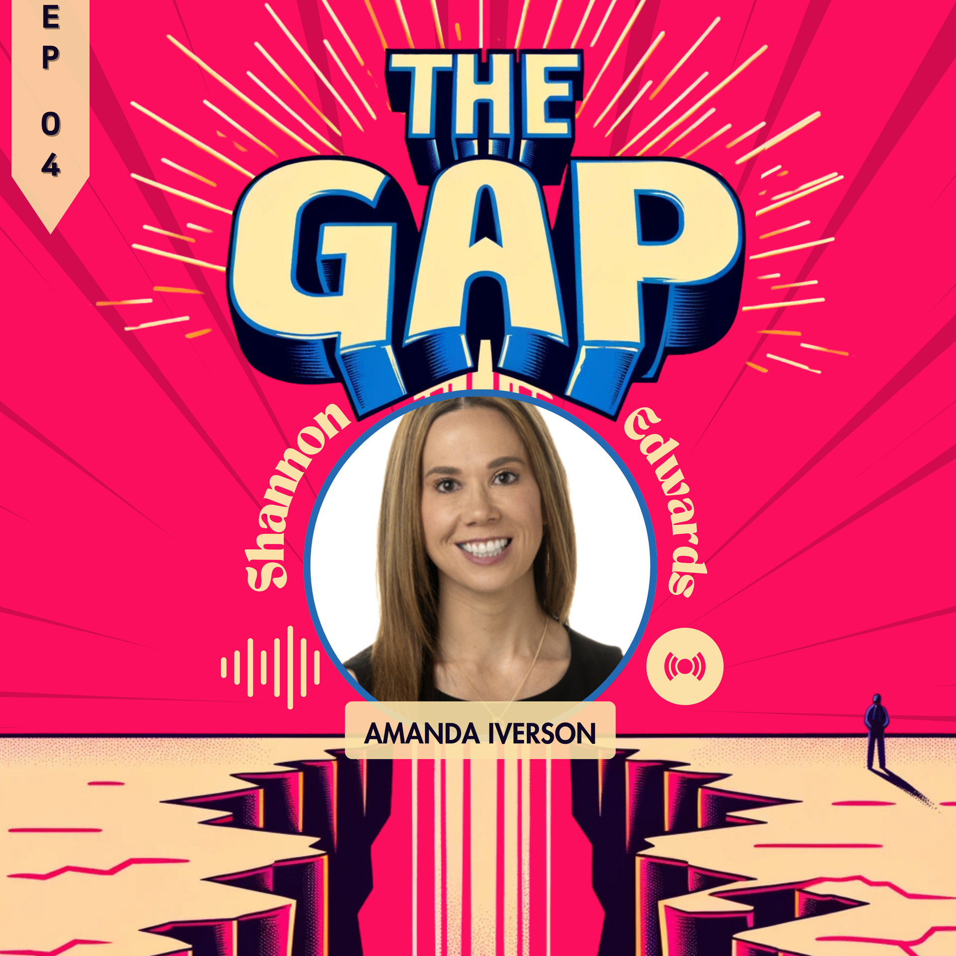 Podcast cover for “The Gap” with a smiling headshot, bright pink background, and a canyon-like split below.
