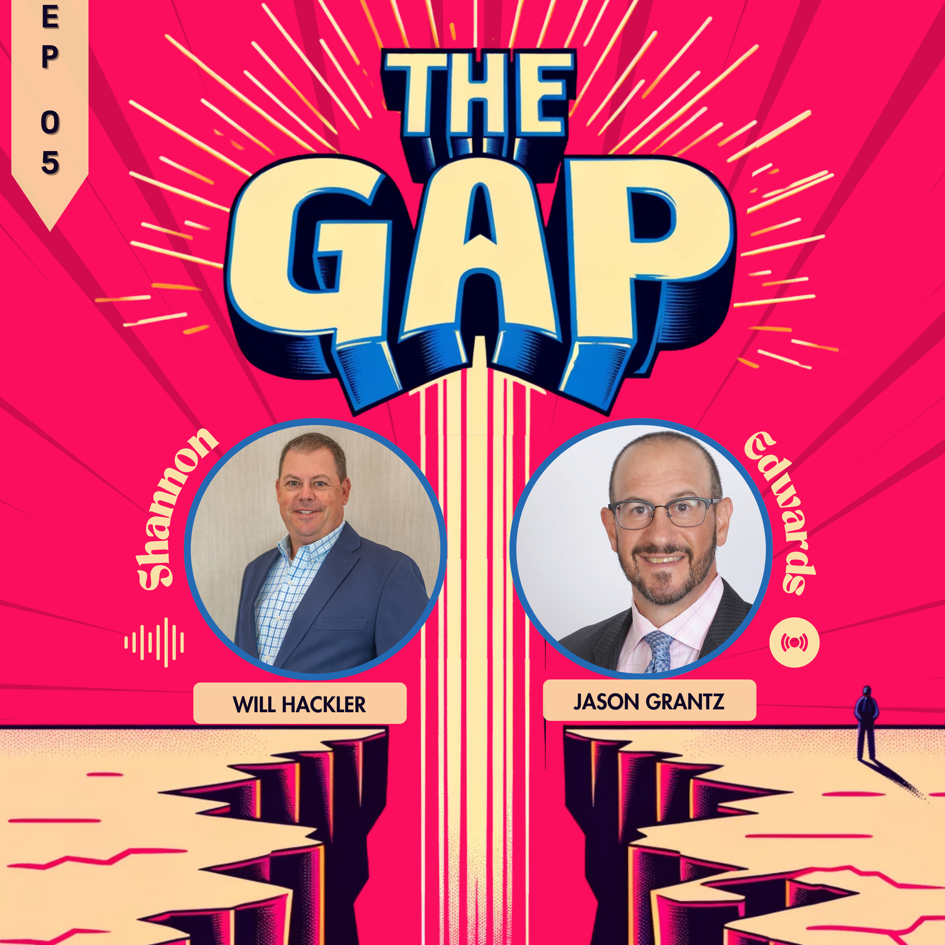 Pink podcast cover titled “The Gap” with two host portraits and names, Shannon and Jason Graff, on either side.
