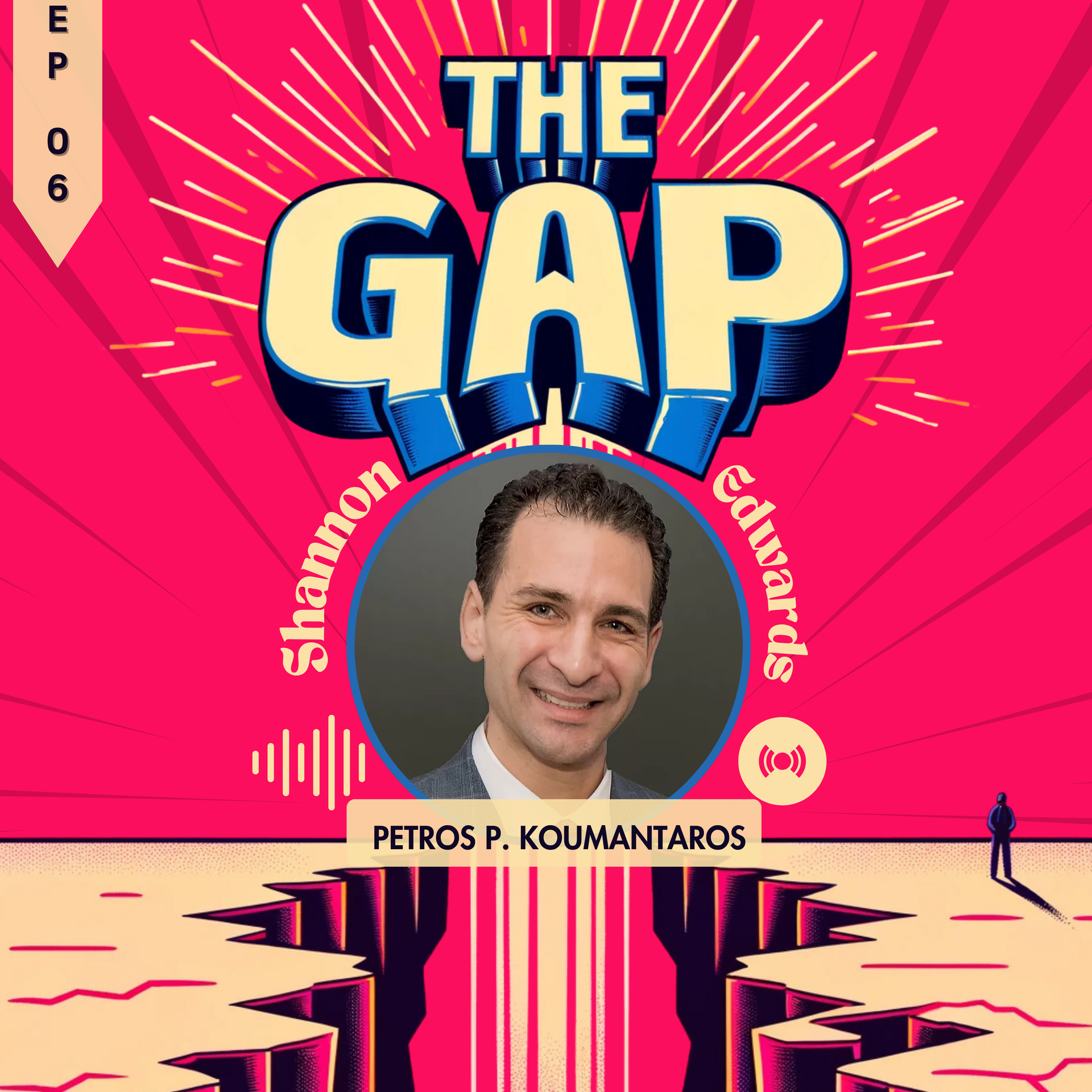 Podcast cover titled “THE GAP” with a smiling man’s portrait on a bright pink background.