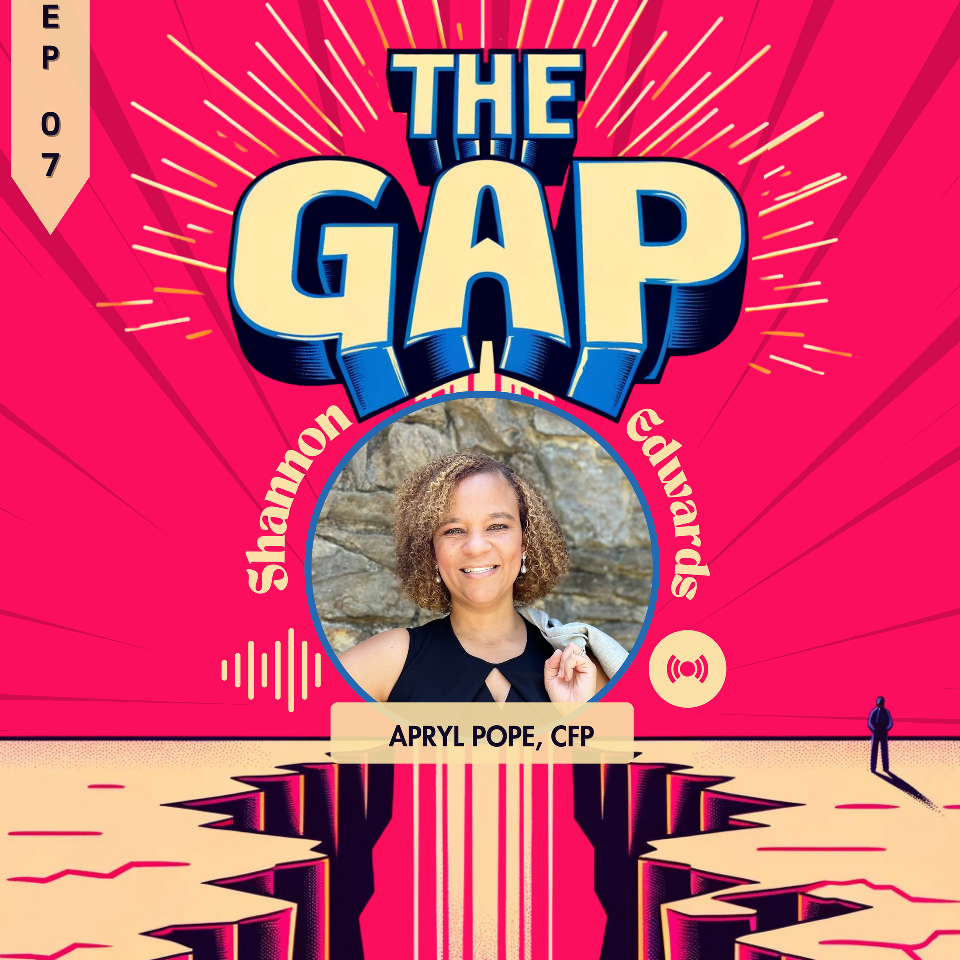 Podcast cover for “The Gap” with a circular portrait, hot pink background, and bold blue title text.