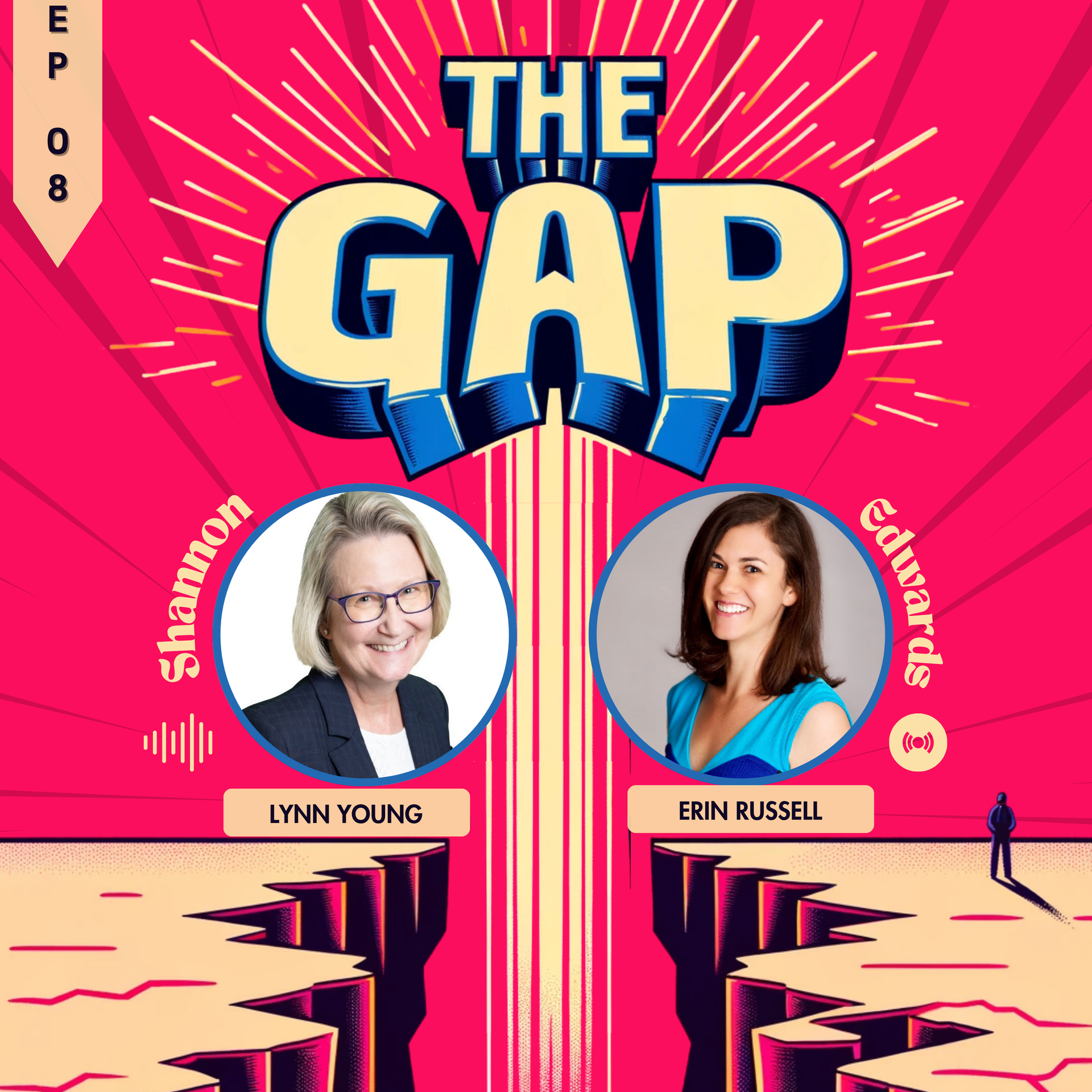 Podcast cover for “The Gap” with two headshots on a bright pink and blue split background