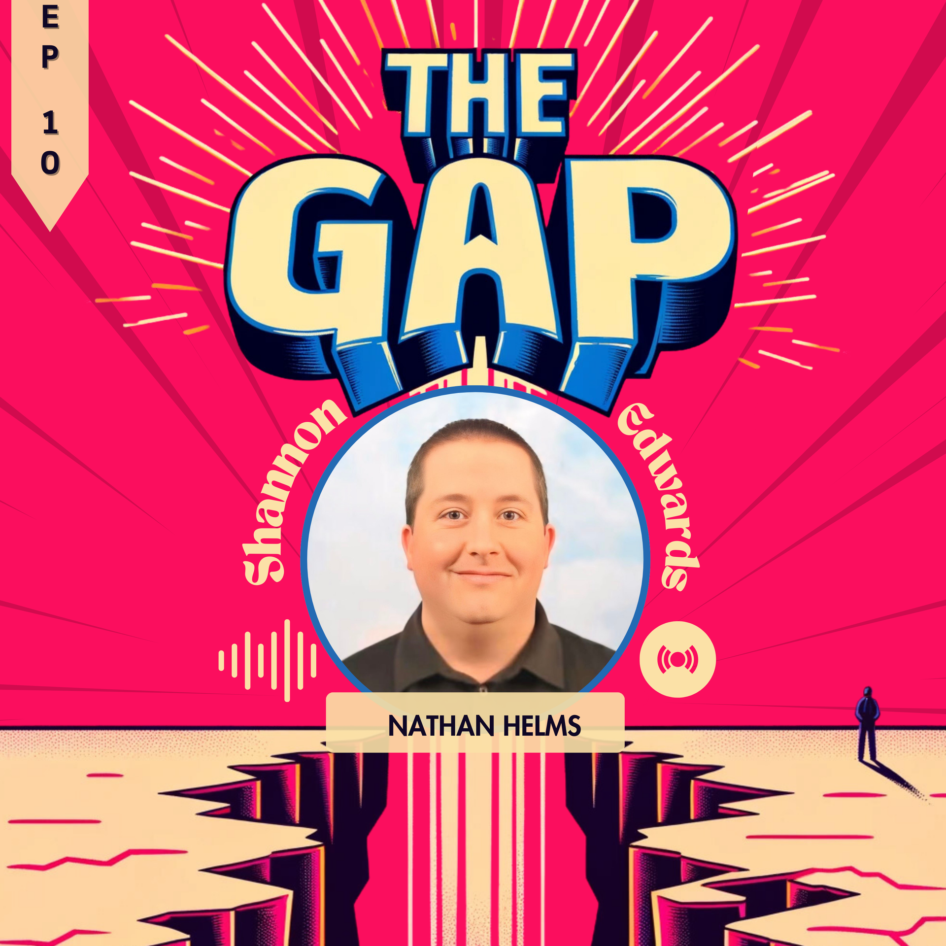 Podcast cover art for “The Gap,” with bold pink background, central portrait, and creator names around it