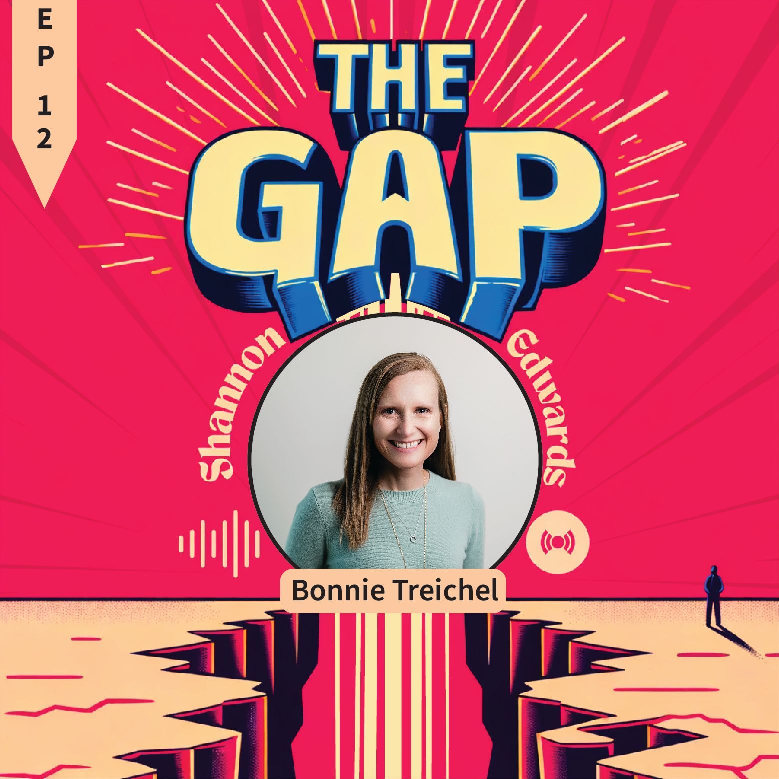 Podcast cover for “The Gap” with a smiling woman, pink background, and bold blue title text