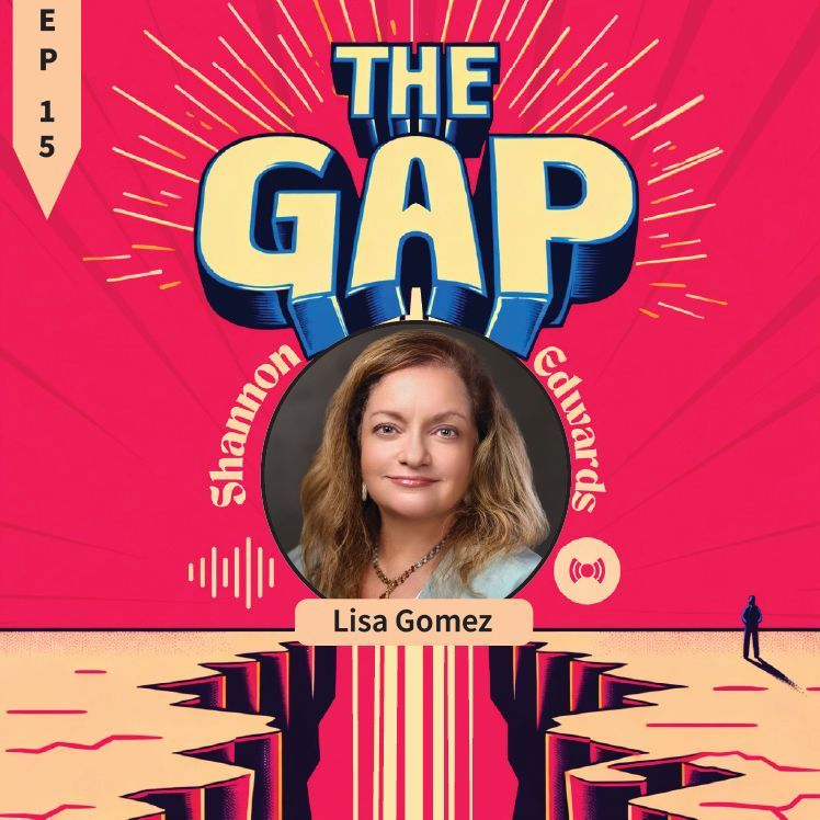 Podcast cover for “The Gap” with a woman’s portrait on a pink background and bold blue title text