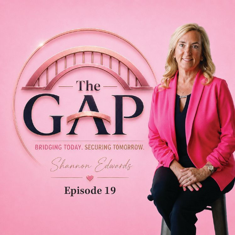 Podcast cover with pink background, bridge logo, and seated woman in bright pink blazer titled “The Gap” Episode 16