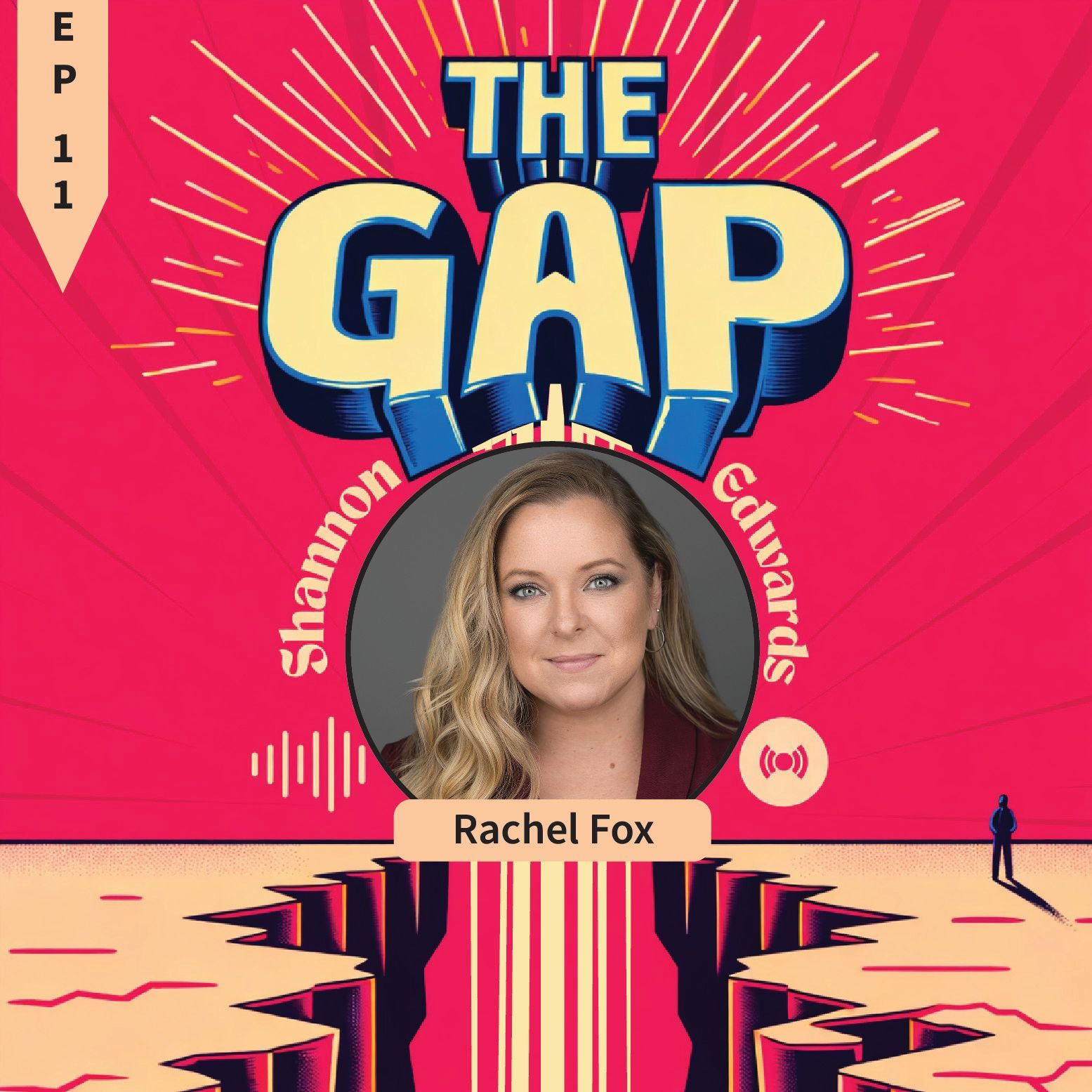 Podcast cover for “The Gap” with Rachel Fox, pink background, bold title, and a central portrait.