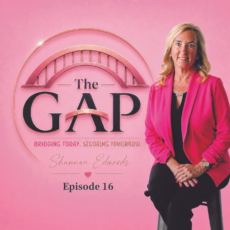 Podcast cover with pink background, bridge logo, and seated woman in bright pink blazer titled “The Gap” Episode 16