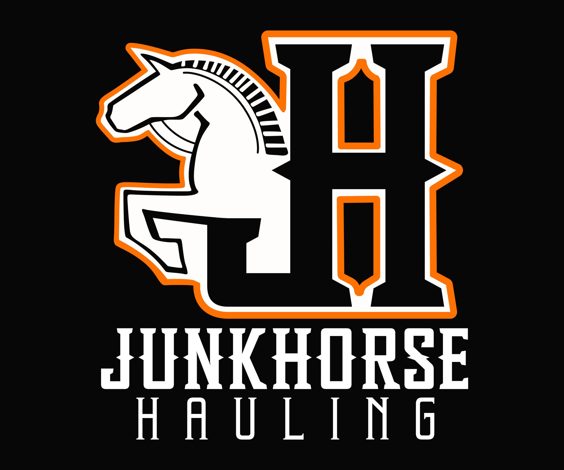 Logo for Junkhorse Hauling: white horse silhouette inside orange "JH" with text "Junkhorse Hauling" below.