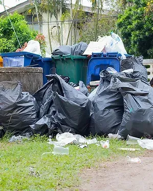 Piles of black trash bags and overflowing bins on a grassy area, with a house and trees in the background.