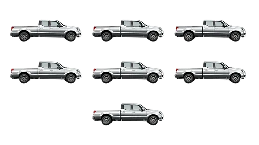 Seven silver pickup trucks, various angles, against a white background.