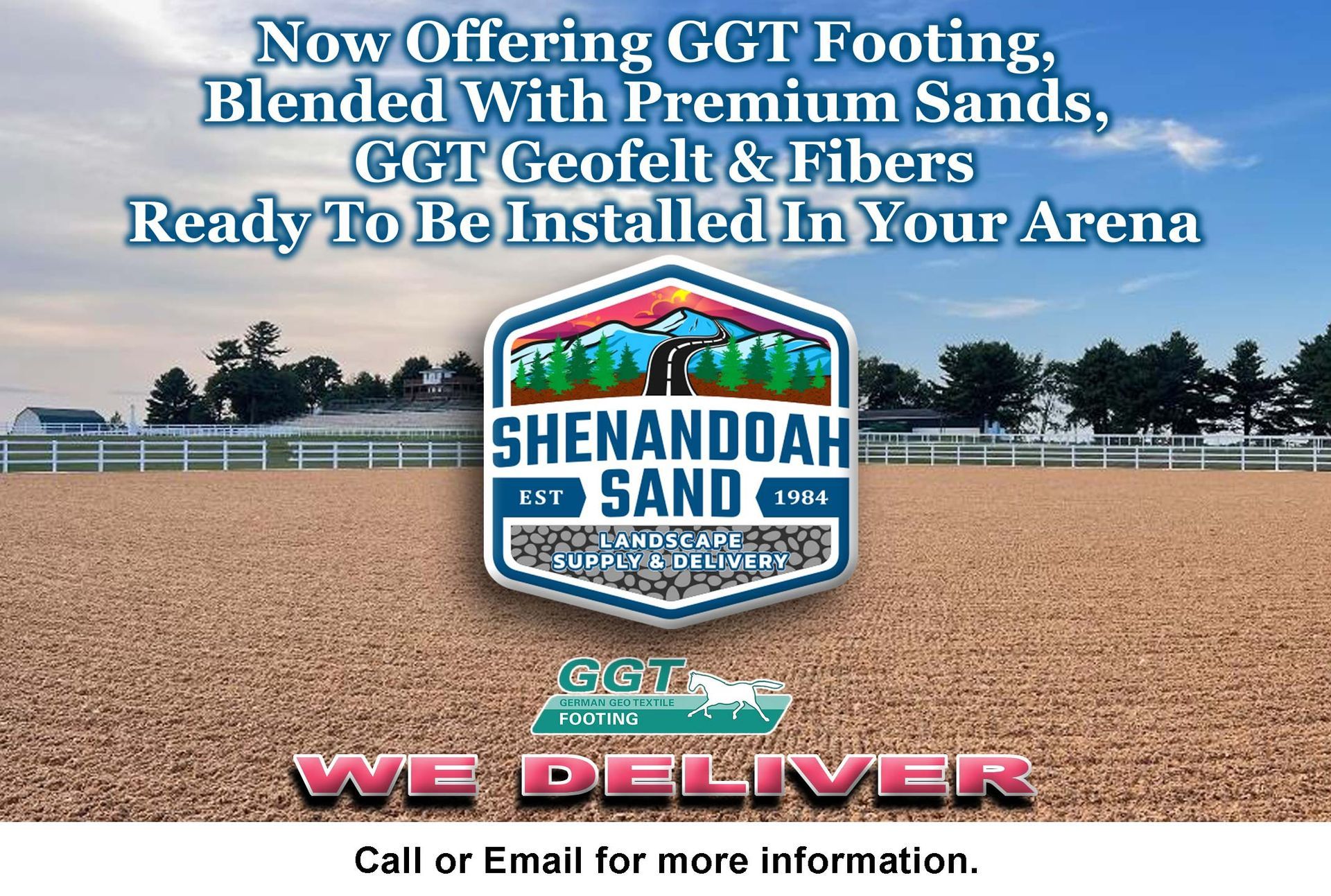 An advertisement for shenandoah sand offers ggt footing blended with premium sands An advertisement for shenandoah sand offers ggt footing blended with premium sands