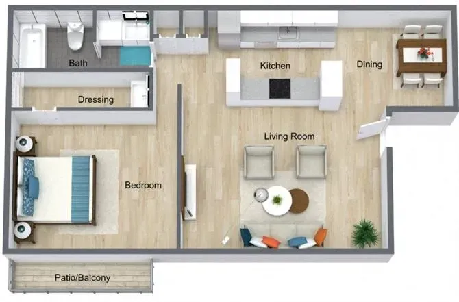 Top-down apartment floor plan with labeled bedroom, bath, dressing, kitchen, dining, living room, and balcony.