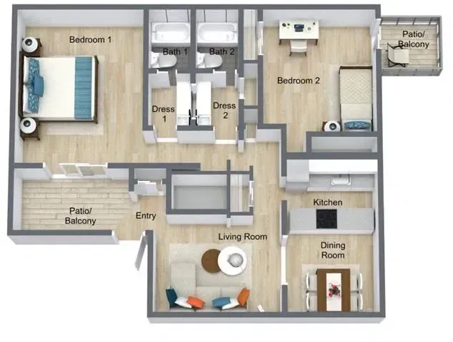 Apartment floor plan with living room, kitchen, dining room, two bedrooms, baths, closets, and balconies.