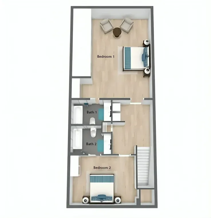 3D floor plan of a small apartment with two bedrooms, bathroom, kitchen, living area, and stairway