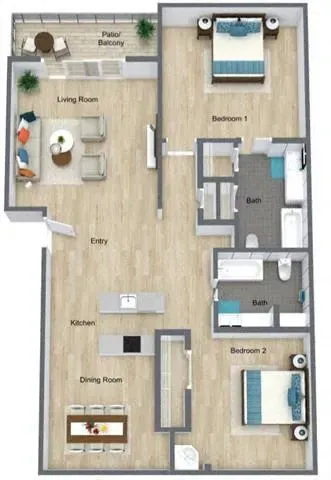 Top-down apartment floor plan with living room, kitchen, dining area, two bedrooms, baths, and patio.