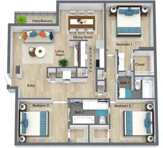 Top-down floor plan of a 3-bedroom apartment with living room, dining room, kitchen, bath, closet, and patio.