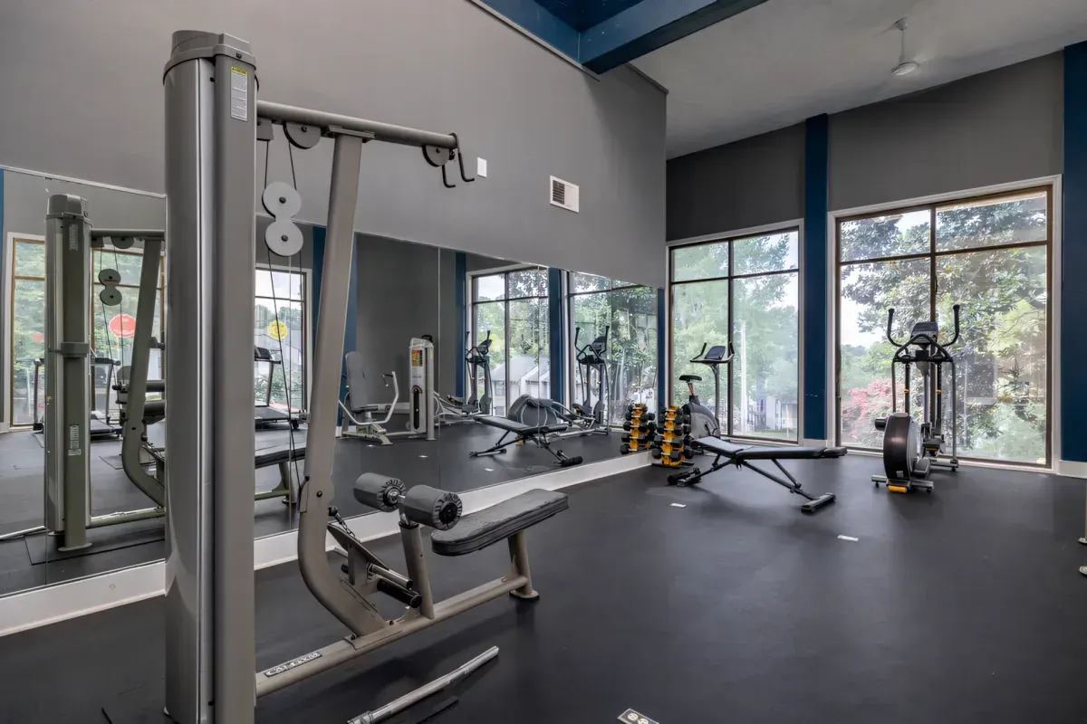 Modern gym interior with cable machine, weight bench, and large windows overlooking greenery
