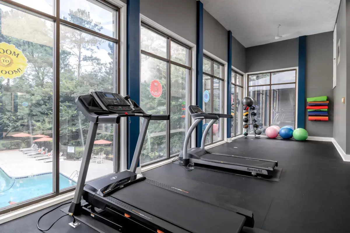 Modern gym with treadmills, large windows, and exercise balls on a black floor