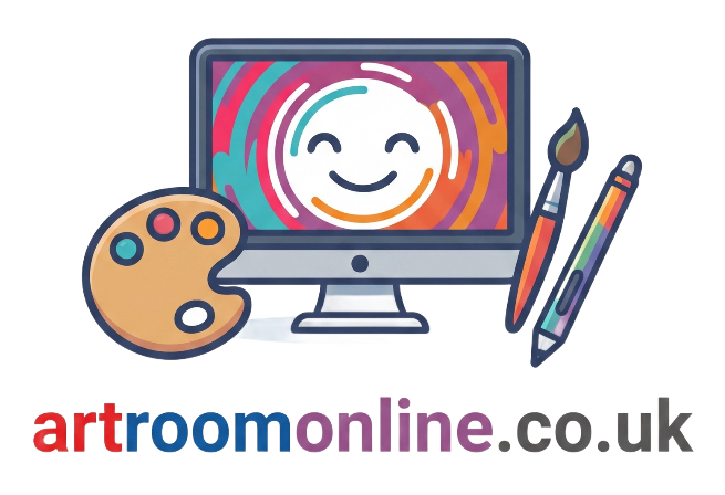 Artroomonline.co.uk logo with smiling monitor, paint palette, brushes, and pencils