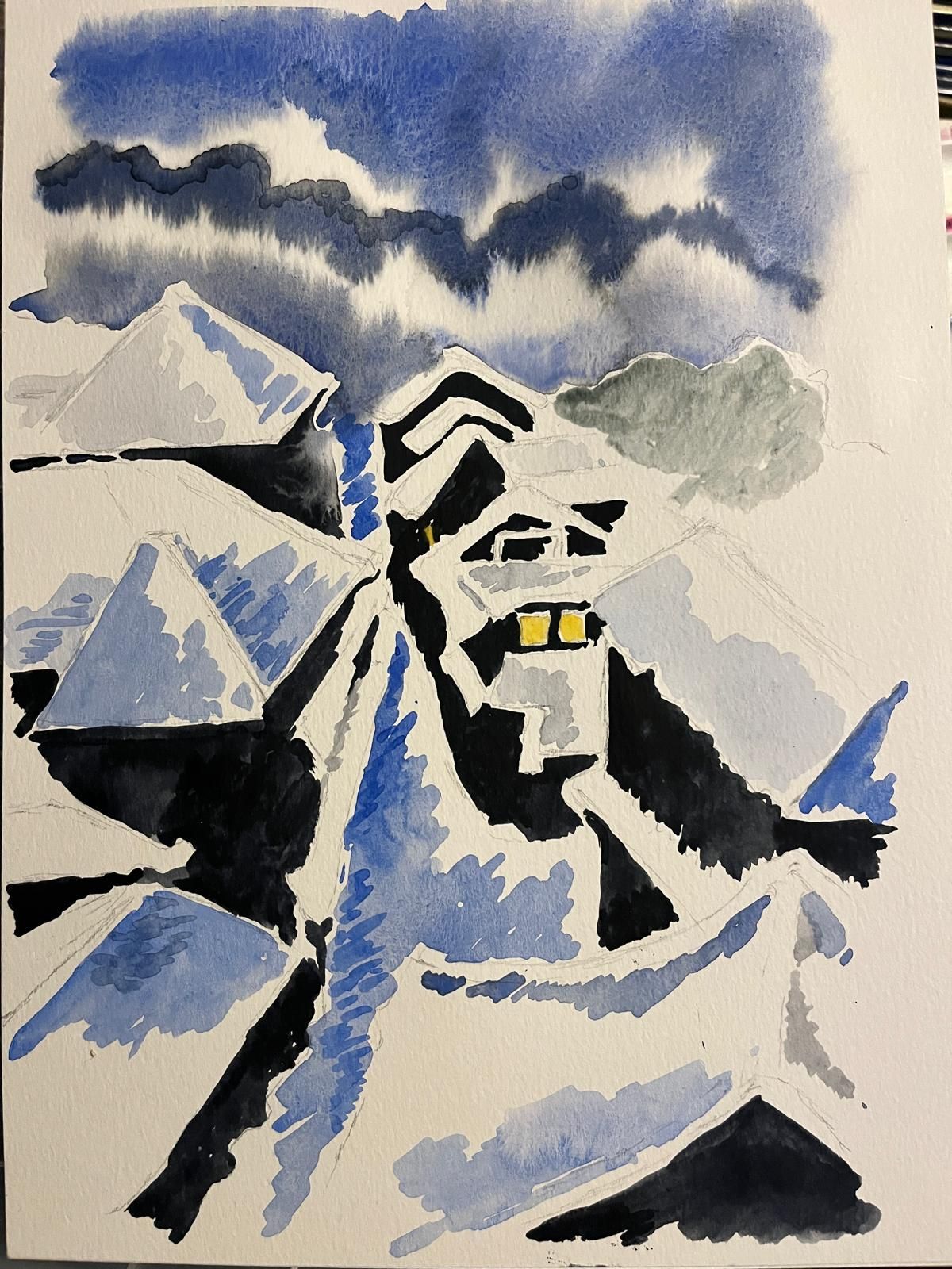 Abstract snowy mountain village with blue-gray peaks, cloudy sky, and a small yellow-lit house.