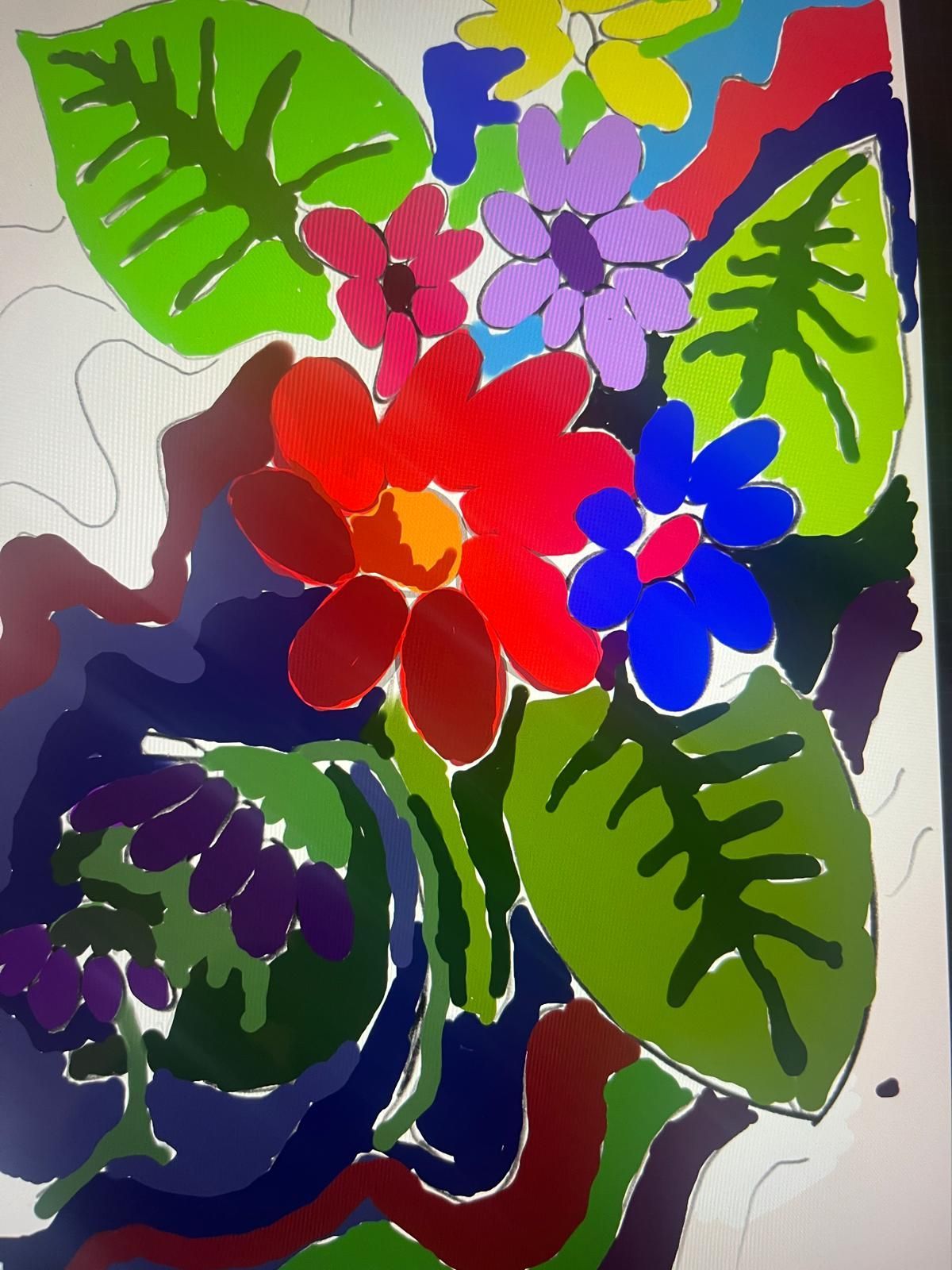 Bright watercolor bouquet with red, purple, and blue flowers and large green leaves