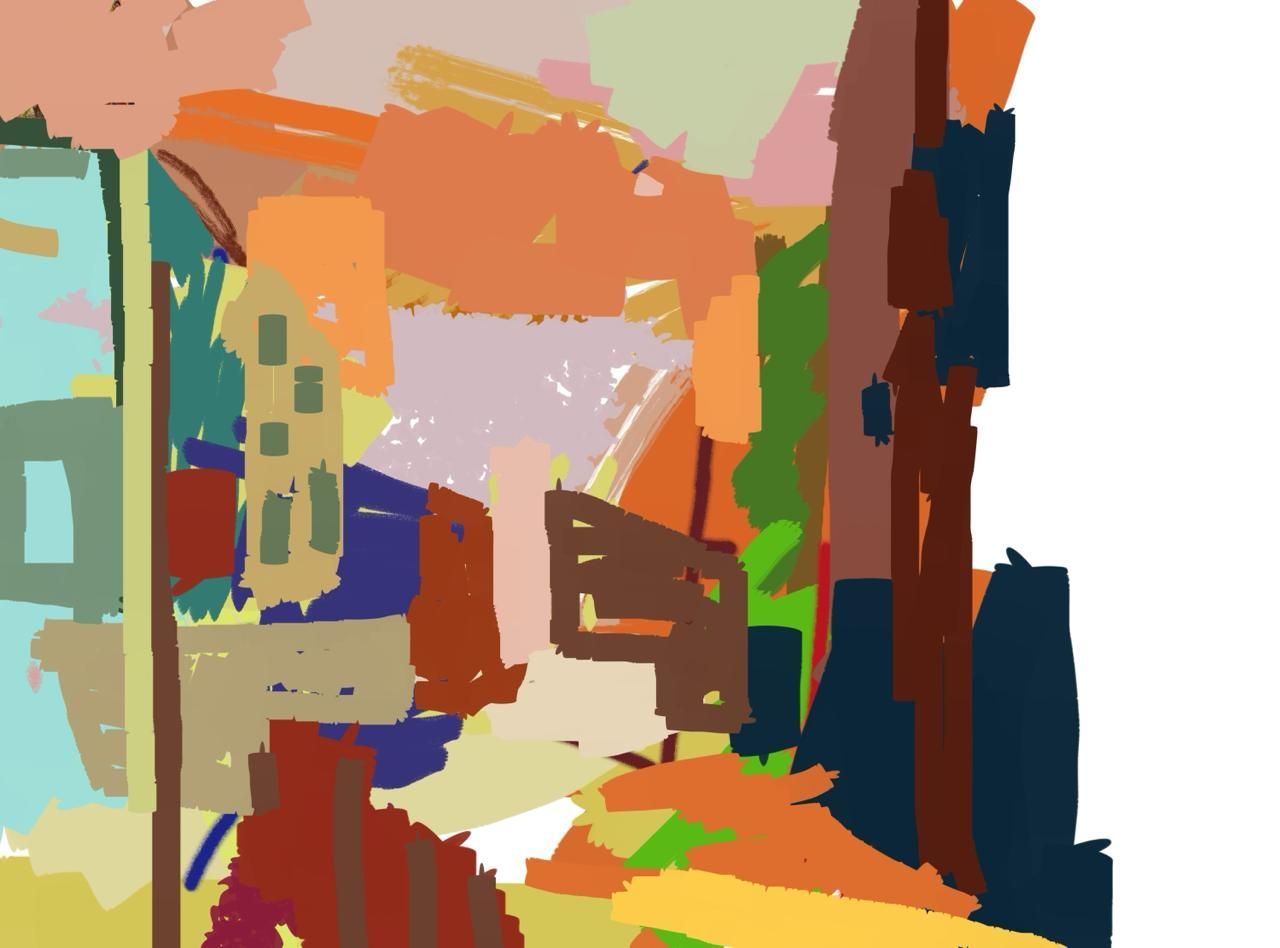 Abstract colorful painting of a narrow alley with buildings and a bench in warm orange and blue tones