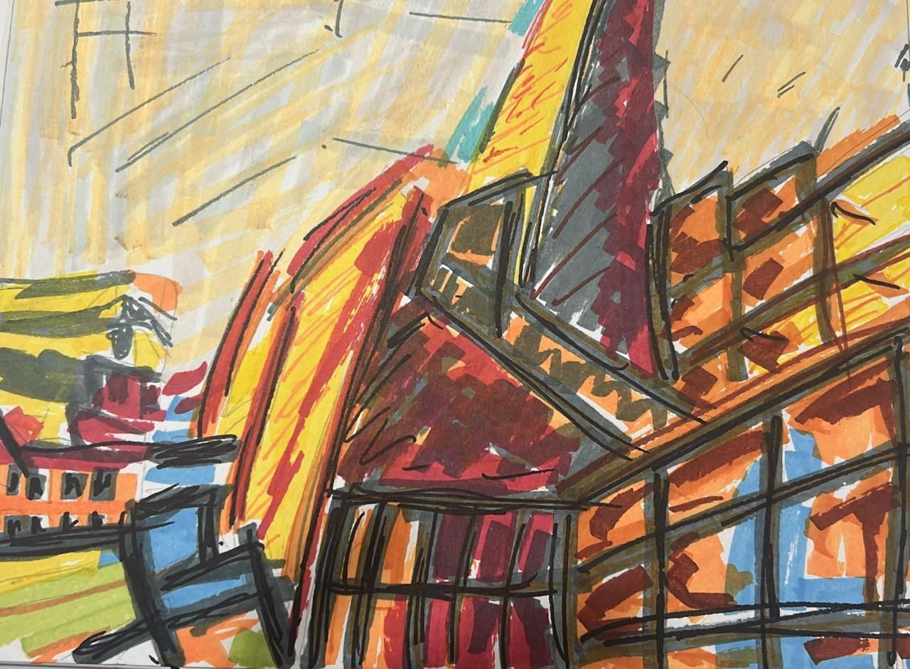 Abstract cityscape with bold red, orange, and black buildings under a bright, sketchy sky
