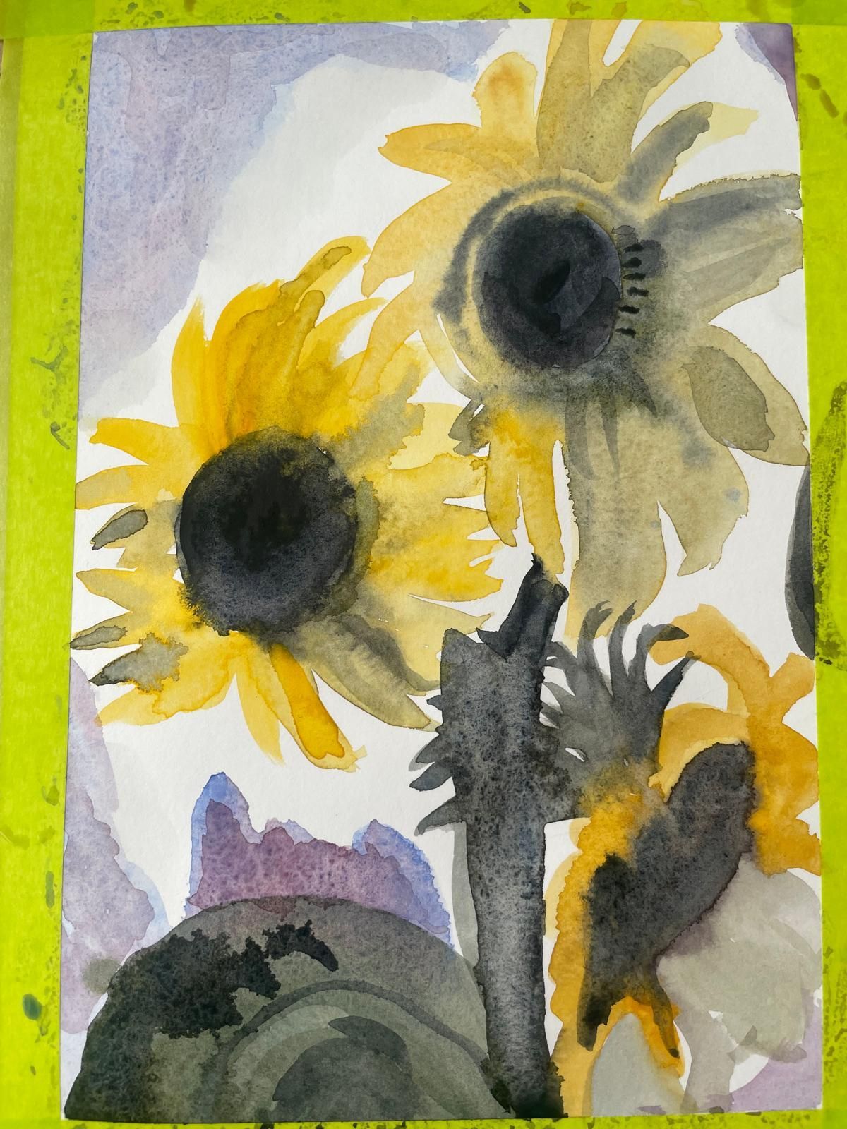 Watercolor sunflowers with yellow petals and dark centers, plus green leaves and a purple background