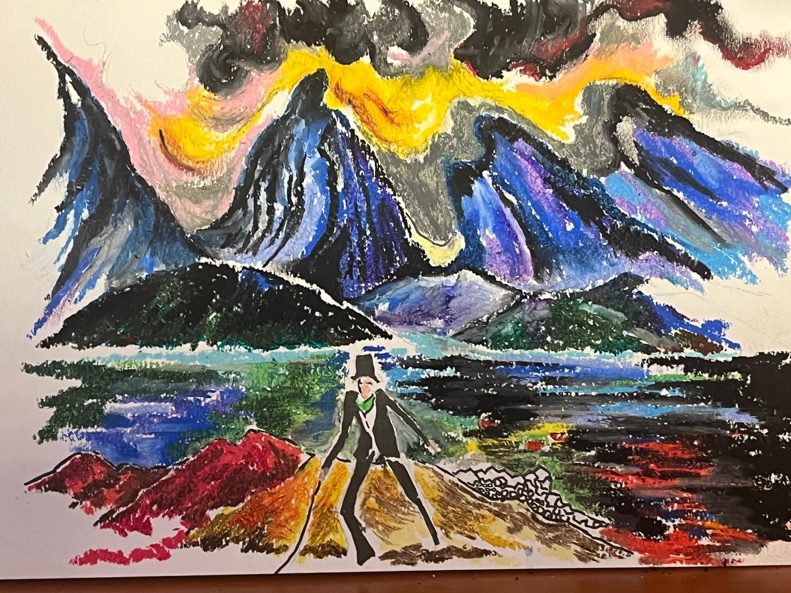 Abstract mountain landscape with vivid yellow, blue, and red accents, and a small figure in the foreground