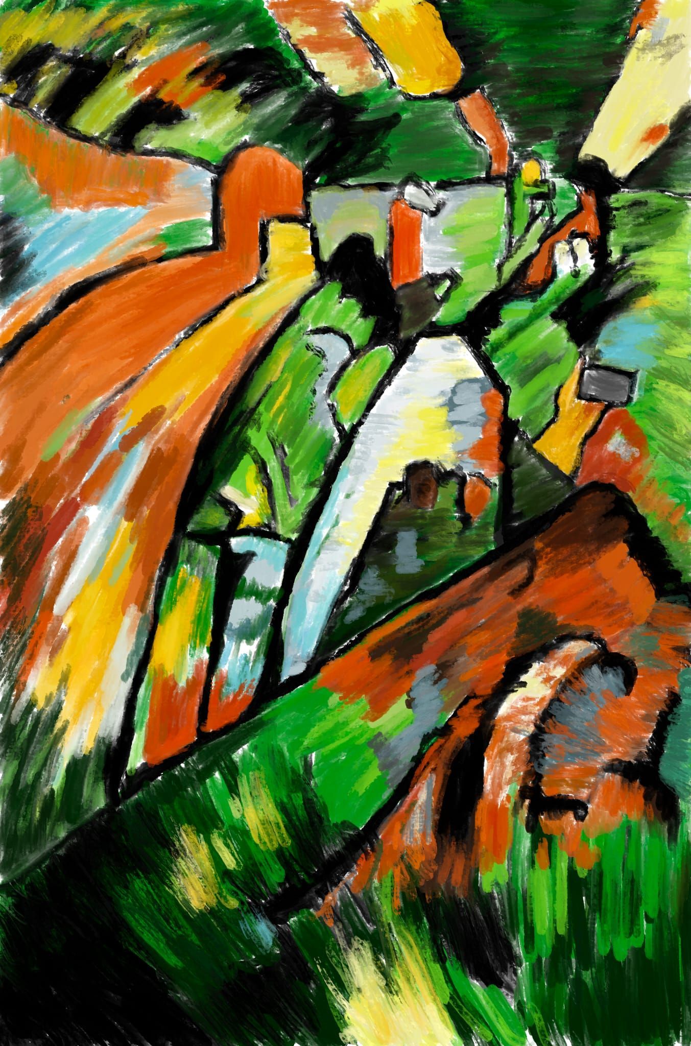 Abstract painting with bold orange, green, black, and white brushstrokes forming dynamic geometric shapes