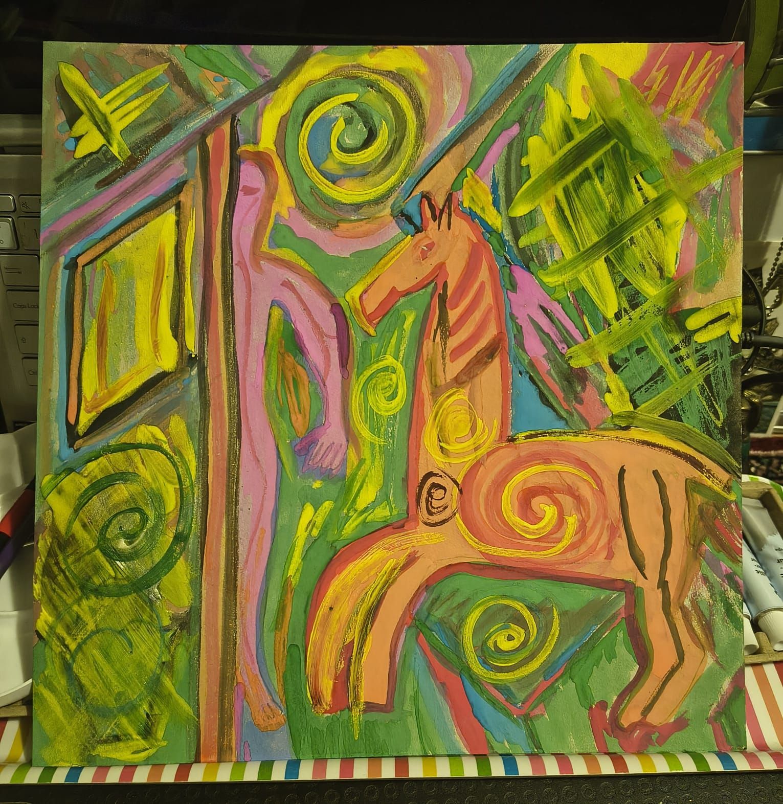 Colorful abstract painting of a horse with spiral patterns in pink, green, and yellow.