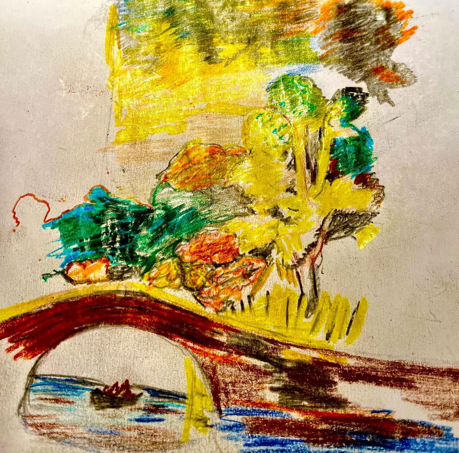 Colorful childlike drawing of trees, a bridge, and water on a beige background