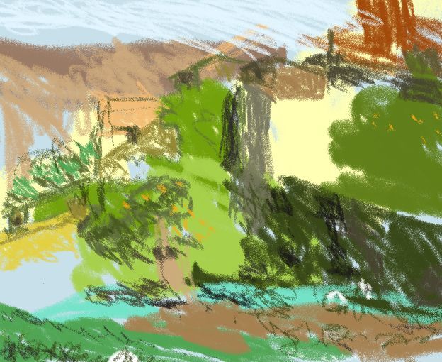 Colorful impressionistic landscape with green hillside, tan houses, blue water, and mountains in the background