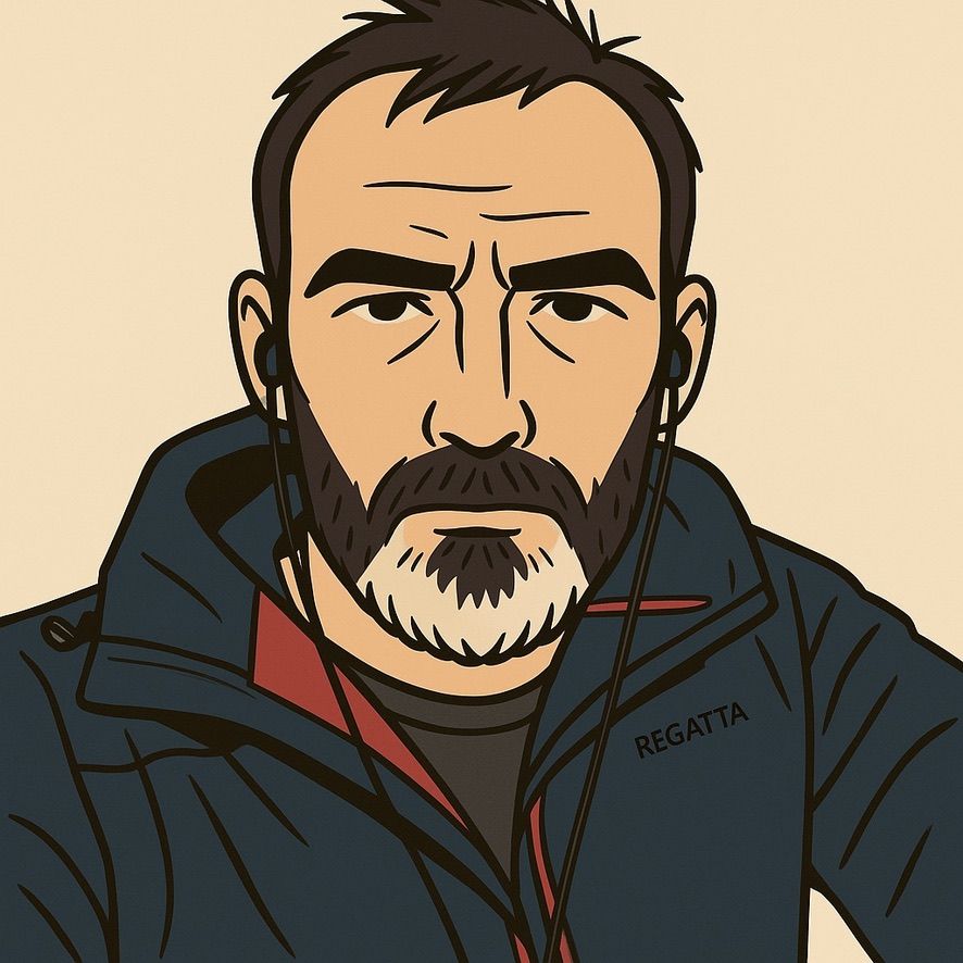 Stylized portrait of a man with dark hair and beard in a navy jacket