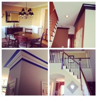 Collage of a home interior: dining room, stairwell, and hallway with crown molding and railing